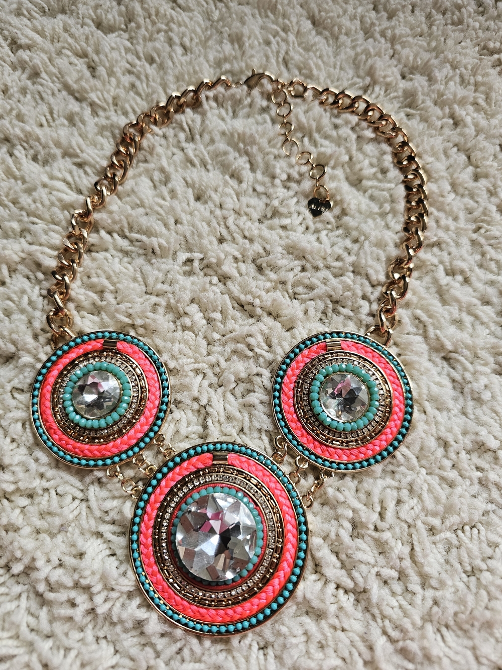 Aldo Neon Statement Necklace Pink Turquoise Gold Boho Glam Bib Necklace
